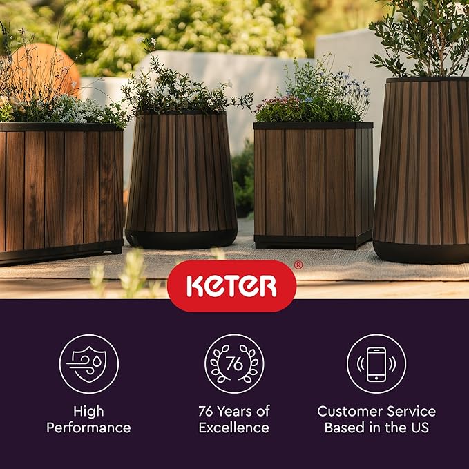 Keter Signature Conic 28.5 Inch Tall Round Large Wood Look Planter - Image 14
