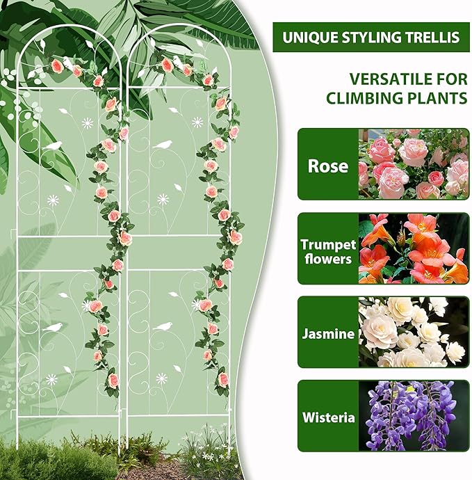 Metal Garden Trellis for Climbing Plants, 2 Pack 86.5" x 19.7" White Plant - Image 4