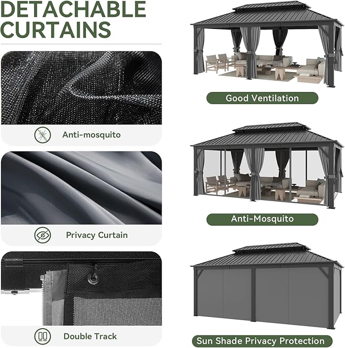 Aoxun 12' X 20' Hardtop Gazebo, Galvanized Steel Double Top, Aluminum Metal - Image 4