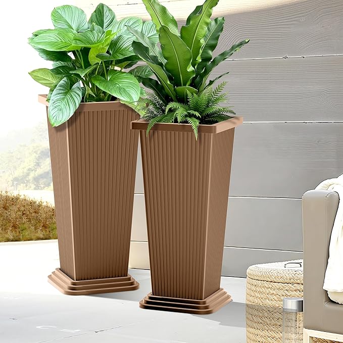 FENCY Set of 2 Tall Planters for Outdoor Plants, 24 Inch Large Tapered Pots - Image 8