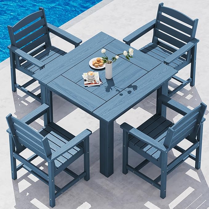 SERWALL Outdoor Dining Set for 4, HDPE Square Table and Chairs Set All Weather by SERWALL