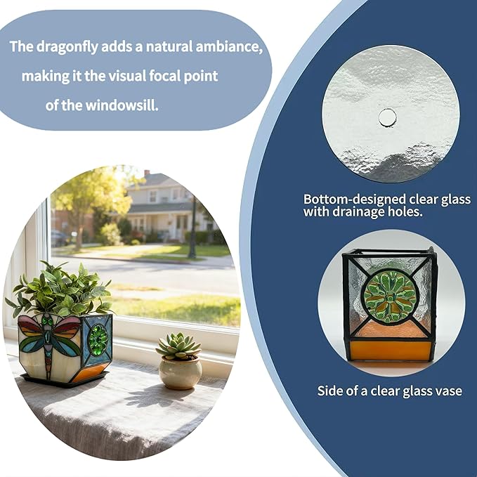 Handcrafted Stained Glass Dragonfly Planter, Decorative Indoor Flower Pot - Image 6