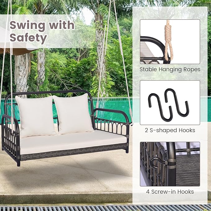 Tangkula Outdoor Wicker Porch Swing, 2-Person Hanging Seat - Image 7