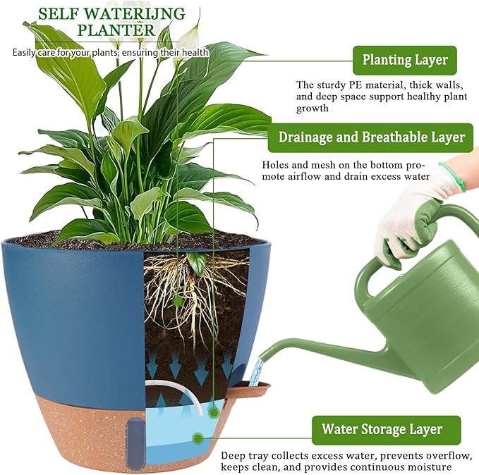 2 Pack 10 inch Plant Pots, Plastic Self Watering Planters - Image 3