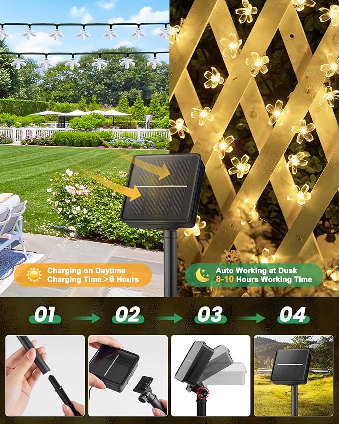 Brightown 2 Pack Total 52FT 120 LED Solar String Lights Flower Outdoor - Image 5