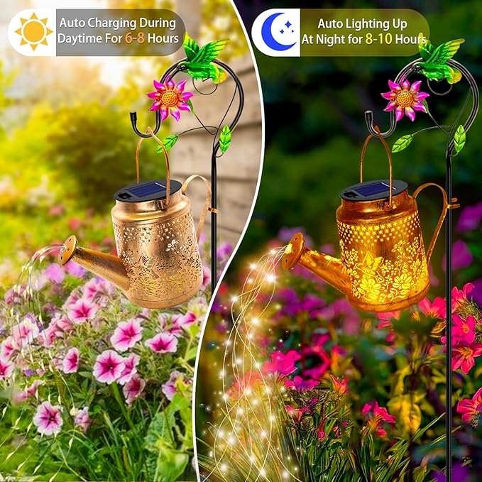 Solar Powered Hummingbird with Flowers Watering Can Lights Waterproof Outdoor - Image 6