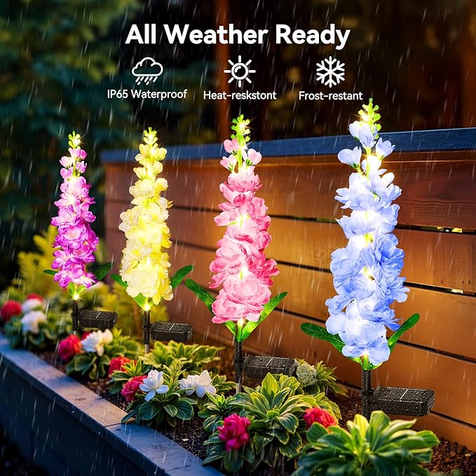 KOOPER Solar Lights Outdoor Garden Decor, 4 Pack Upgraded Delphinium Solar - Image 4
