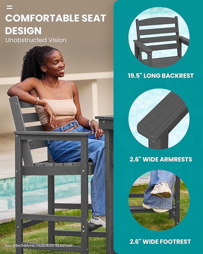 SERWALL Outdoor Bar Table and Chairs Set, Adirondack Bar Chairs Set of 2 and - Image 4