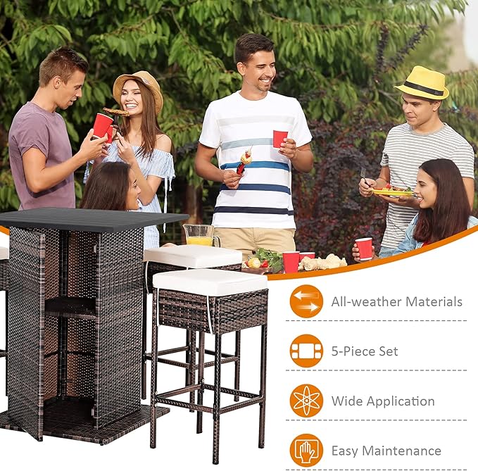 Tangkula 5 Piece Outdoor Rattan Bar Set, Patio Bar Furniture - Image 8