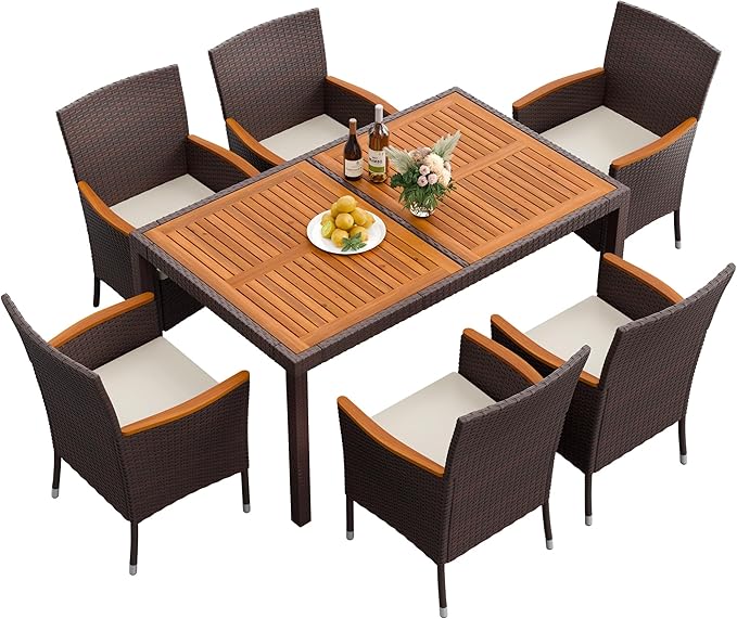 Flamaker 7 Piece Patio Dining Set Outdoor Acacia Wood Table and Chairs by Flamaker