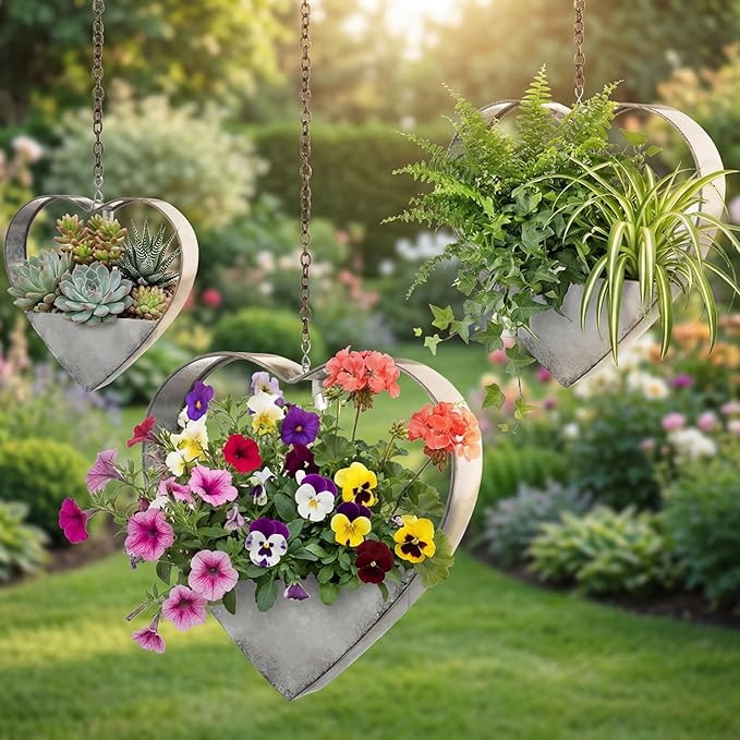 3 Pcs 3 Size Heart Metal Hanging Planter Indoor Outdoor, 13.4" 10.6" 7" Large by Romooa