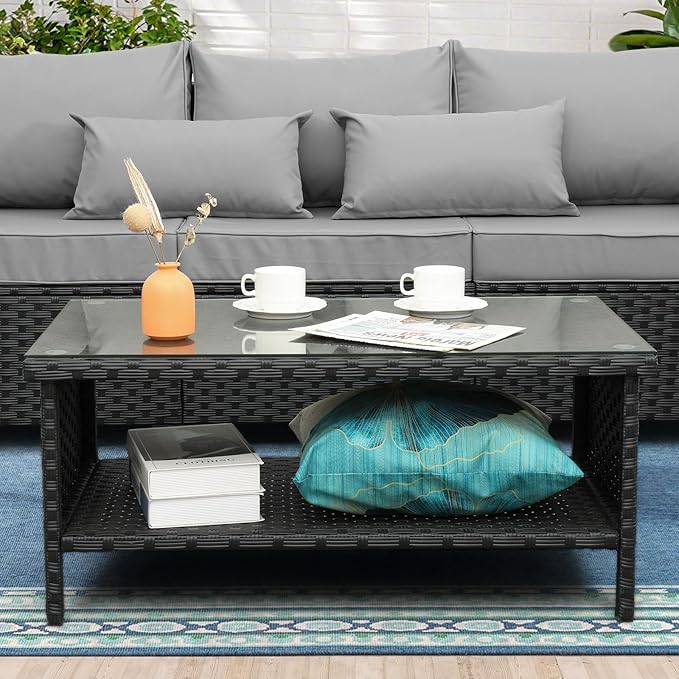 Outdoor Wicker Coffee Table Patio Furniture Garden Rattan 2-Layer Glass Table - Image 2