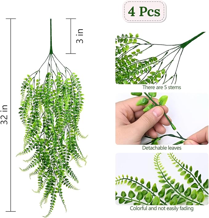 Waipfaru 4Pcs Fake Ferns Fake Hanging Plants Artificial Ferns - Image 4