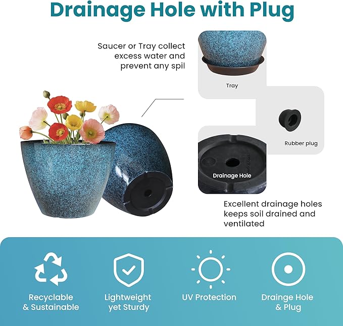 2 Pack Plastic Plant Pots with Drainage Holes, 8 inch Planter - Image 3