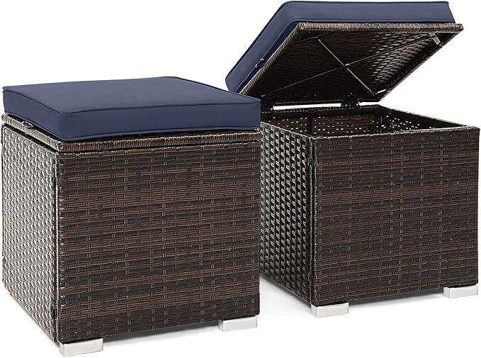 Tangkula 2 Pieces Patio Ottomans, Patiojoy Hand-Woven PE Rattan Side Table by TANGKULA