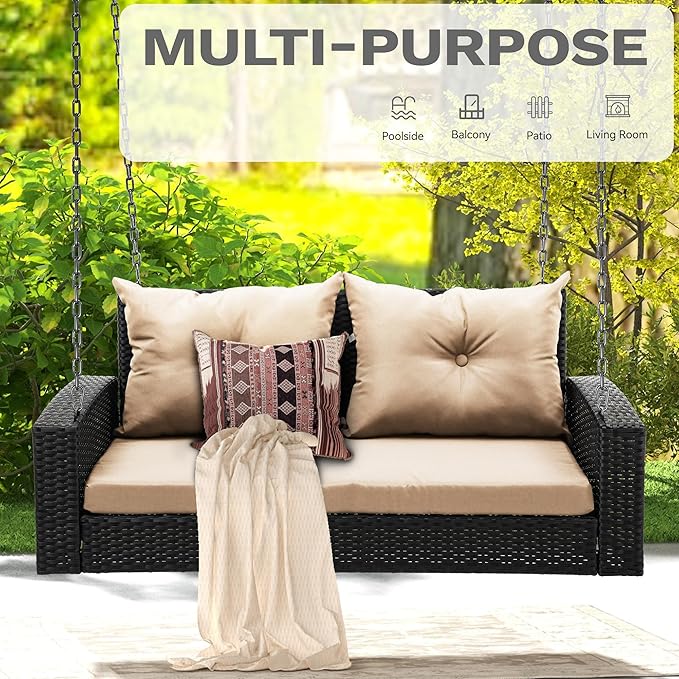 DWVO Wicker Hanging Porch Swing Chair Outdoor Brown Rattan Patio Swing Lounge - Image 2