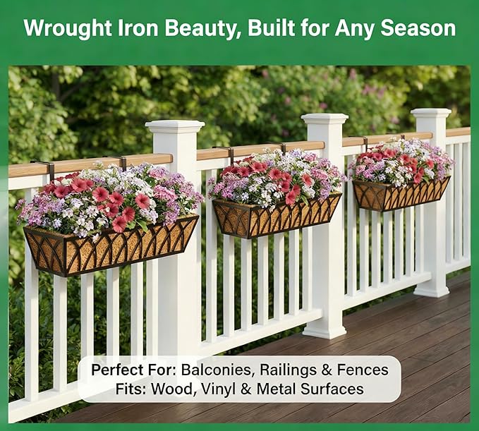 Y&M 30 Inch Window Deck with Coco Liner, Fence Metal Hanging Flower Planter - Image 8