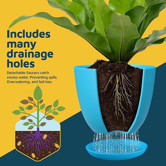Blue Plant Pots with Drainage Holes & Saucers 5 Pack, Indoor & Outdoor - Image 6