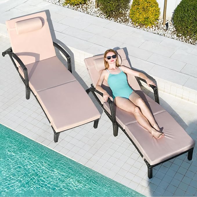 Chaise Lounge Chairs Outdoor Comfy Outside Wicker Patio Pool Lounge Chair w/ 5 - Image 2