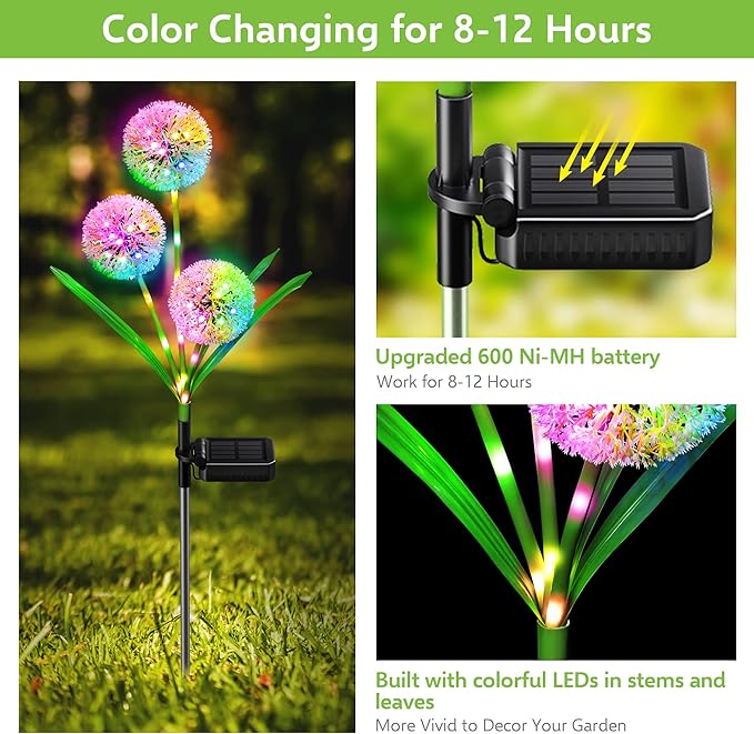 Solar Lights Outdoor Garden Decor: 2 Pack Upgraded Solar Dandelion Garden Light - Image 3