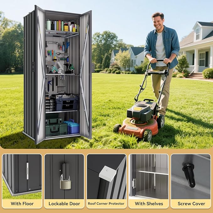 Greesum Outdoor Metal Storage Cabinet, Vertical Tool Organizer - Image 3