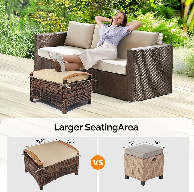 VINGLI Wicker Outdoor Ottoman Set of 2, All Weather PE Rattan Footstool - Image 4