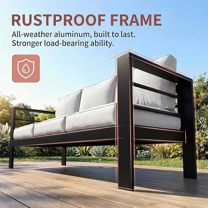 Kiss the Water Outdoor Couch Aluminum Patio Furniture Sofa, 3 Seat All-Weather - Image 3
