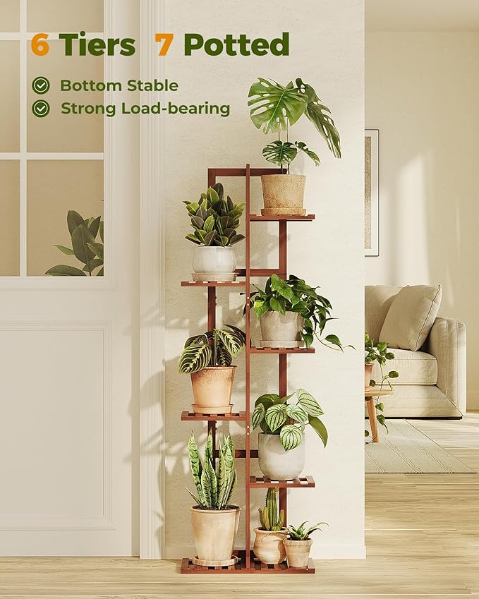 Bamworld Bamboo Plant Stand Indoor 6 Tiered Plant Shelf Outdoor Corner Plant - Image 3