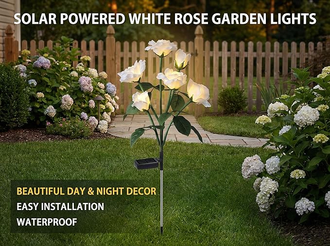 Solar Garden Rose Lights by FANCYPOP, 2 Pack Most Realistic 12 LED Flower Stake - Image 2
