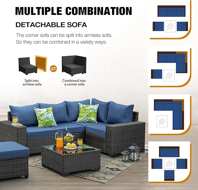 6 Pieces Patio Furniture Set All-Weather Outdoor Wicker Sectional Conversation - Image 7