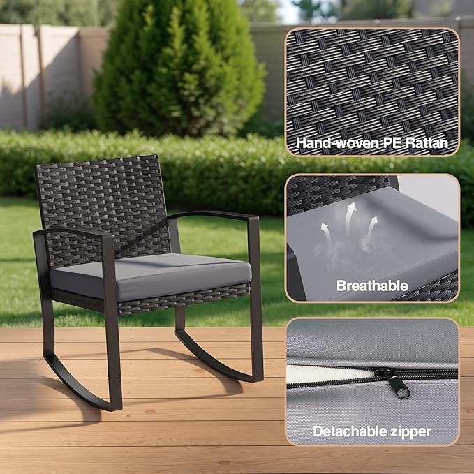 3 Pieces Outdoor Patio Furniture Set Rocking Bistro Set Outdoor Rattan - Image 4
