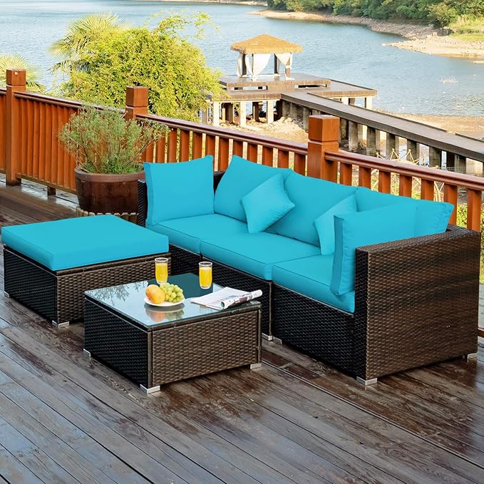 Tangkula 5 Pieces Patio Rattan Furniture Set, Outdoor Sectional Rattan Sofa Set - Image 3