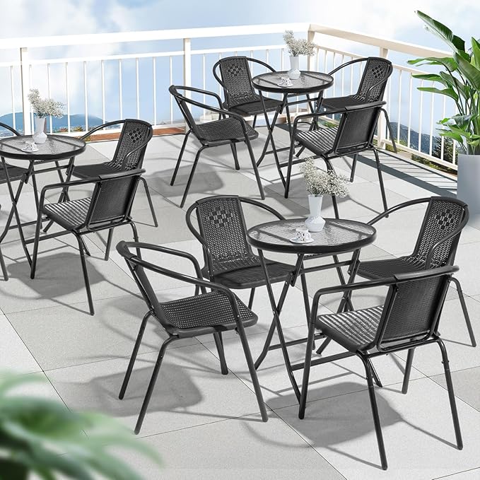 VINGLI PE Rattan Outdoor Dining Chairs Set of 2, Plastic Stackable Patio Chairs - Image 8