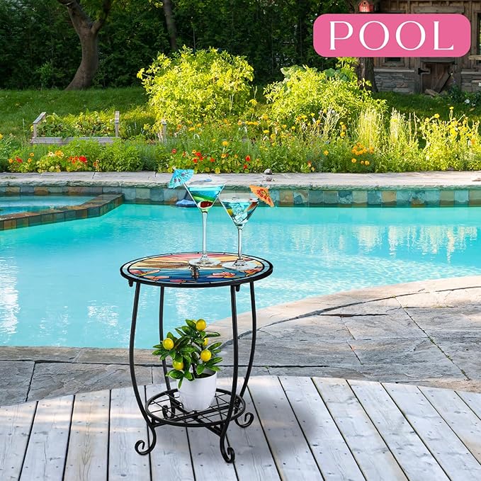 Outdoor Side Table Round Small Mosaic Patio Accent Indoor End Plant Coffee Tea - Image 2