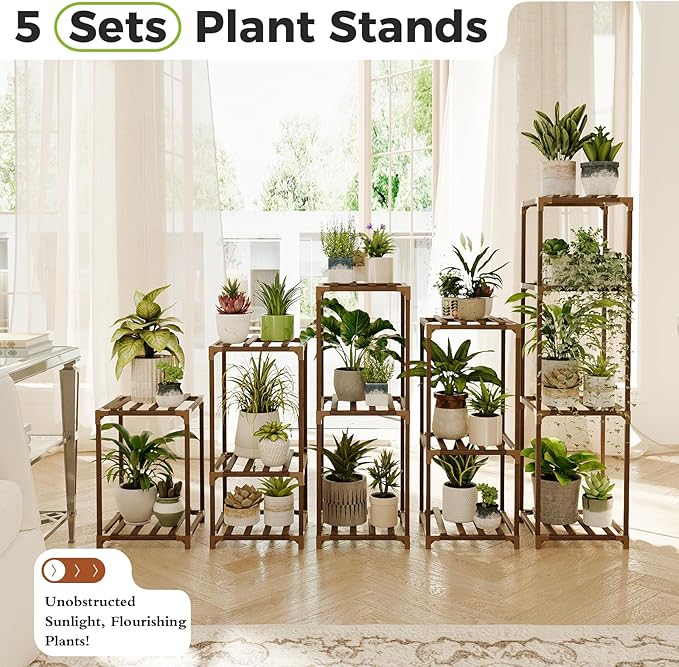 Bamworld 5 Sets Plant Stands Indoor Outdoor Combo Plant Shelves Wooden Plant - Image 3
