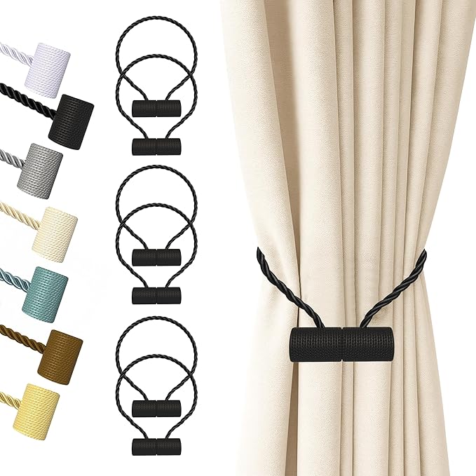 Hion Magnetic Curtain Tiebacks Black 6 Pack, Curtain Tiebacks Buckles Holdbacks by Hion