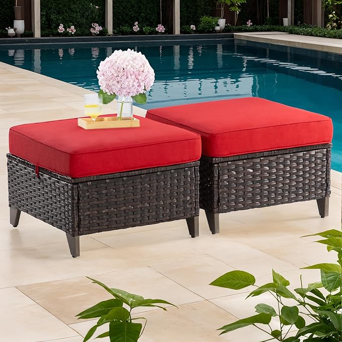 Joyside Patio Ottoman Set of 2, All Weather Outdoor Rattan Ottomans Patio by Joyside