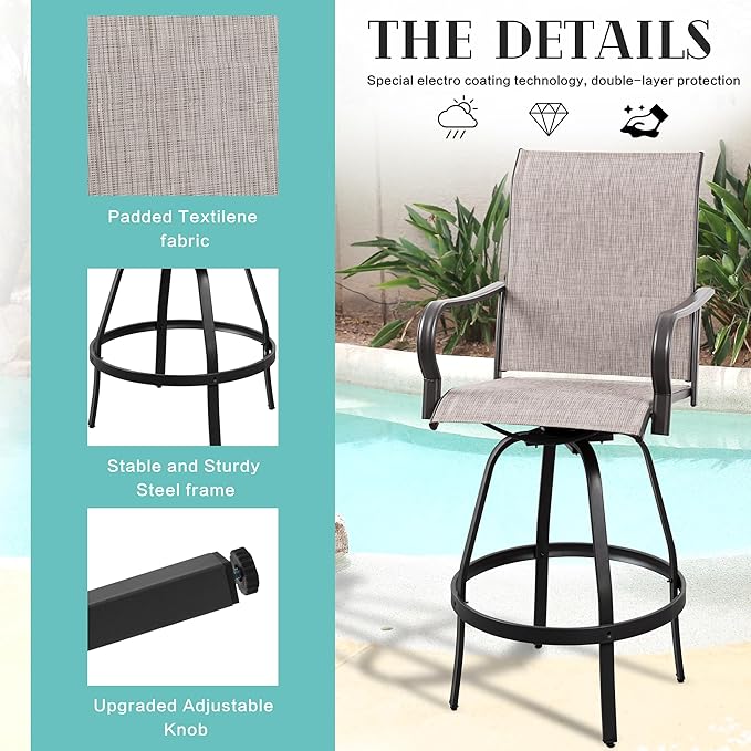Vongrasig 3 Piece Patio Swivel Bar Set, All Weather Mental Textilene High - Image 2