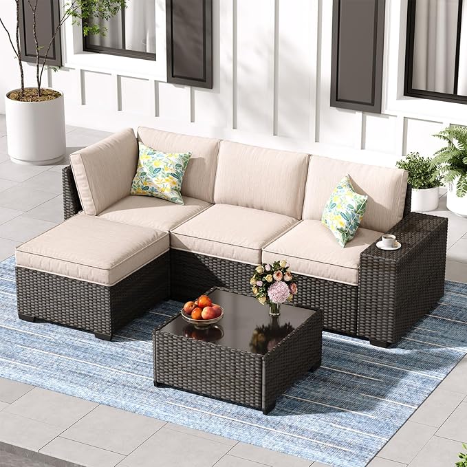 Jing's Villa 5-Piece Patio Furniture Set, All-Weather Outdoor Wicker Sectional by JingsVillaOutdoorFurniture