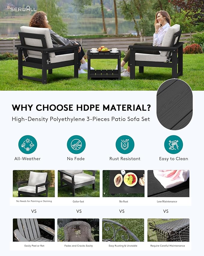 SERWALL HDPE Patio Sofa Set, 3-piece Sectional Outdoor Furniture Set, All - Image 3