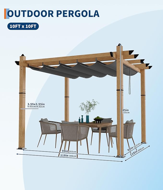 GarveeLife 10 x 10 ft Wood-Grain Aluminum Pergola Outdoor Pergola - Image 6