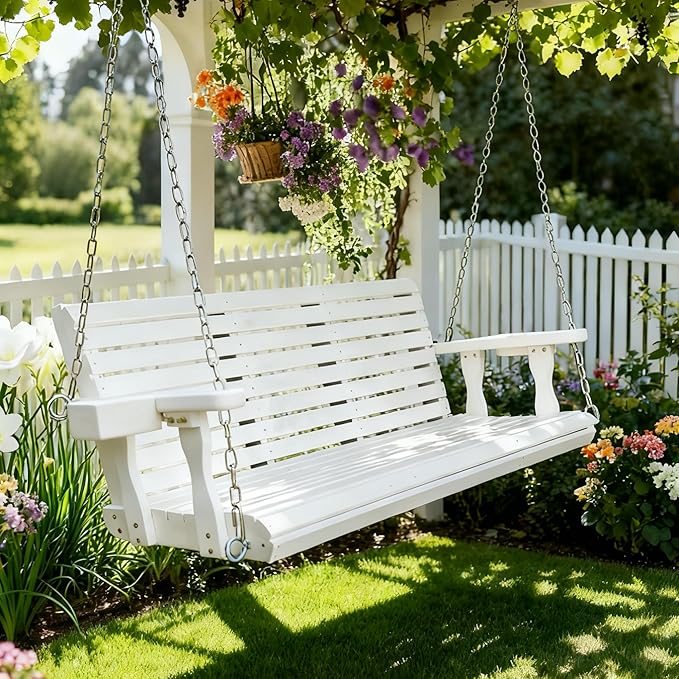 Wooden Porch Swing 3-Seater, High Backrest and Deep Seat, Bench Swing - Image 2