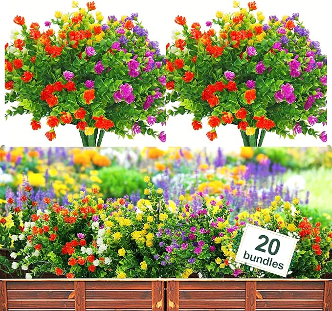20 Bundles Artificial Flowers Outdoor Fake Plants, UV Resistant No Fade Faux by YIBUKIY