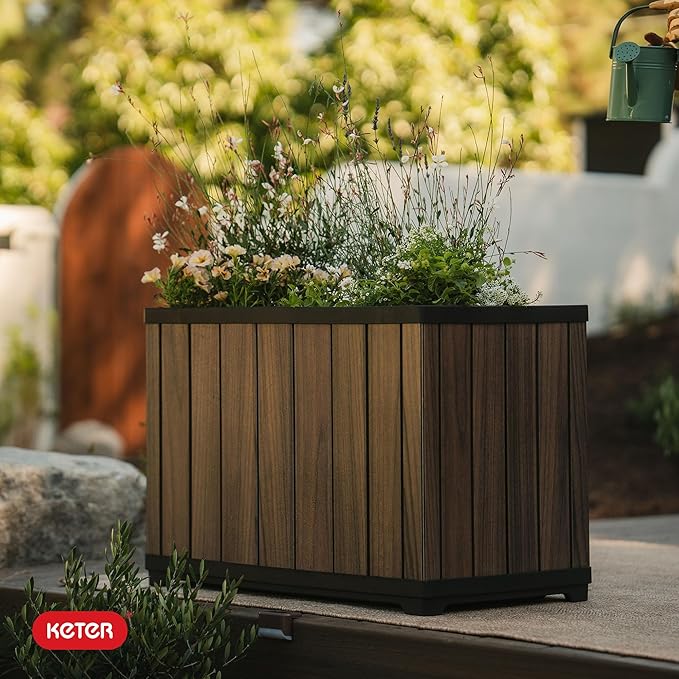 Keter Signature 21.7 Inch Tall Rectangular Large Wood Look Planter - Image 12
