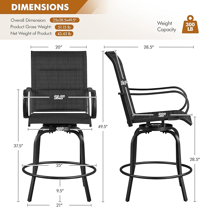 Yaheetech 2 Piece Patio Swivel Bar Stools Texteline Bistro Chairs - Image 3