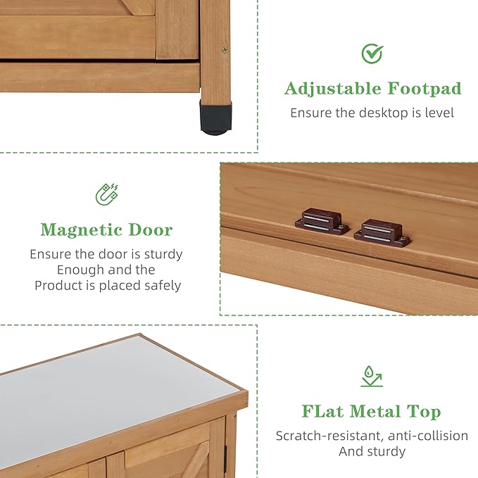 Outdoor Potting Bench with Storage Cabinet and Metal Top, Wood Workstation - Image 6