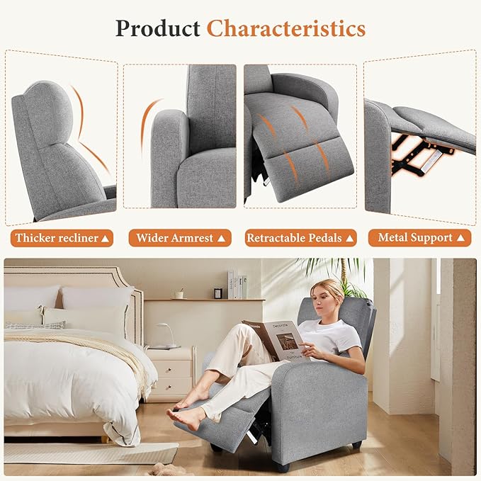 Sweetcrispy Recliner Chair Fabric Recliner Sofa No Massage, Home Theater Seating - Image 5