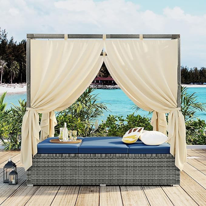 Patio Chaise Lounge, Four-sided Canopy, Overhead Curtain and Blue Cushions - Image 7