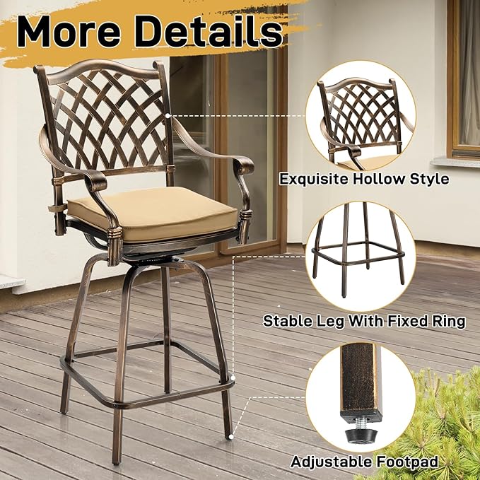 VINGLI Outdoor Swivel Bar Stools Set of 2, Cast Aluminum All-Weather Patio Bar - Image 5