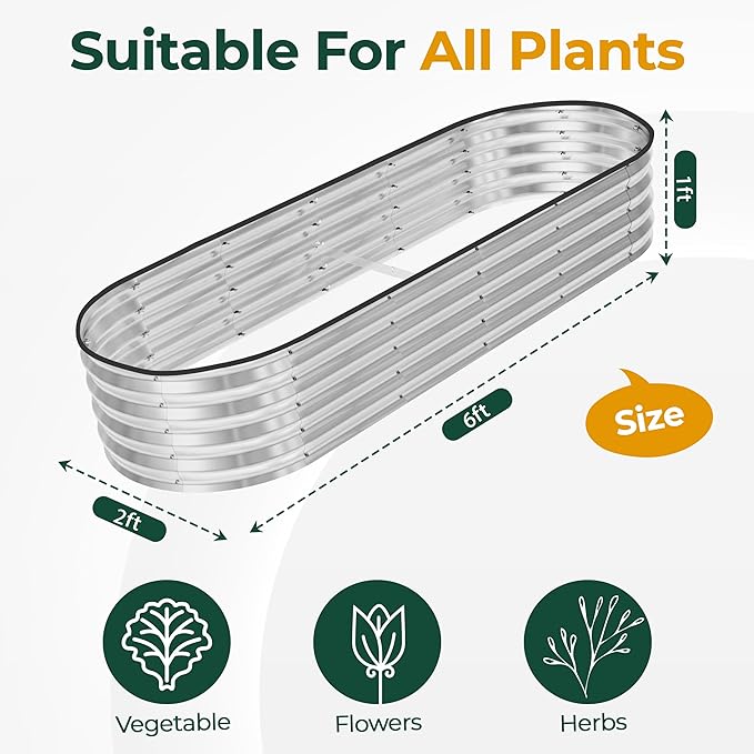 Utopia Home Galvanized Raised Garden Bed, 6 by 2 by 1 feet Lightweight Planter - Image 2